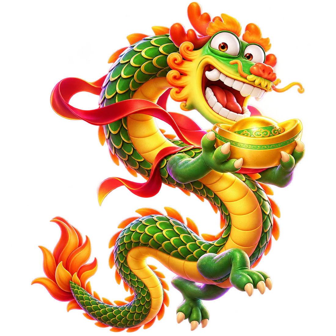 Dragão verde de Fortune Dragon com crina laranja e um lingote dourado
