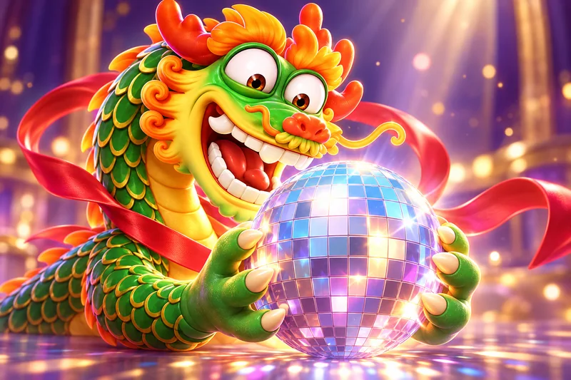 Dragão verde de Fortune Dragon junto à esfera espelhada iluminada em tons de ouro e violeta