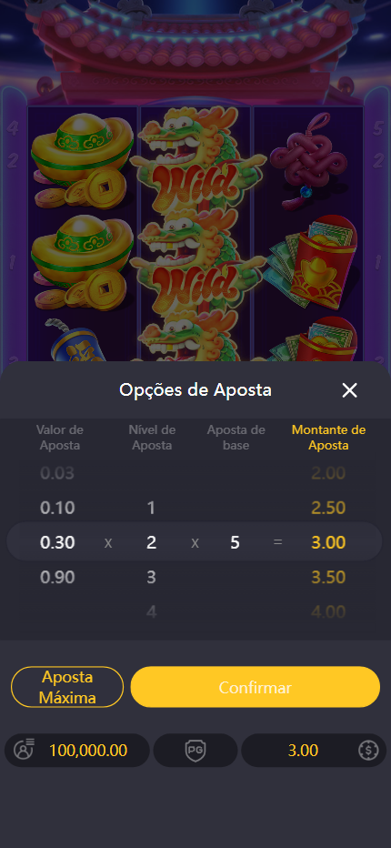 Opções de Aposta de Fortune Dragon em português, com montante e botão Confirmar