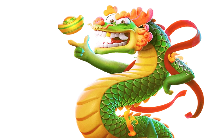 Personagem oficial de Fortune Dragon segurando um lingote verde e dourado