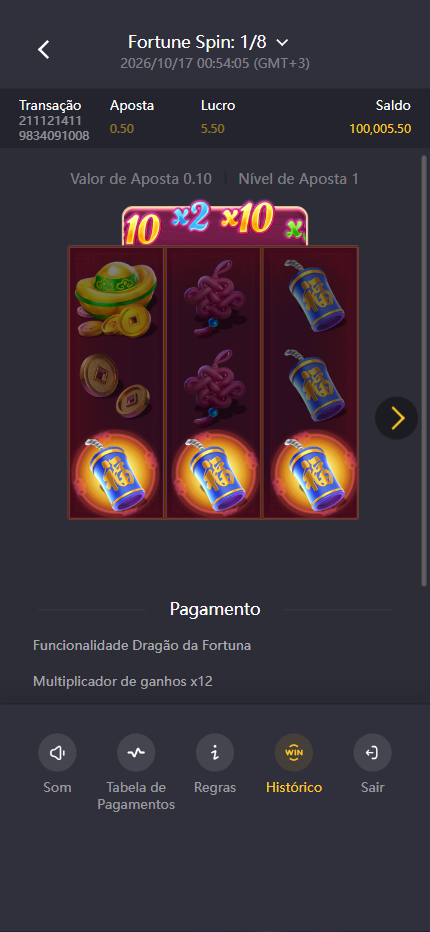 Registro do Fortune Spin 1 de 8 no Histórico, com o rolo de multiplicadores expandido
